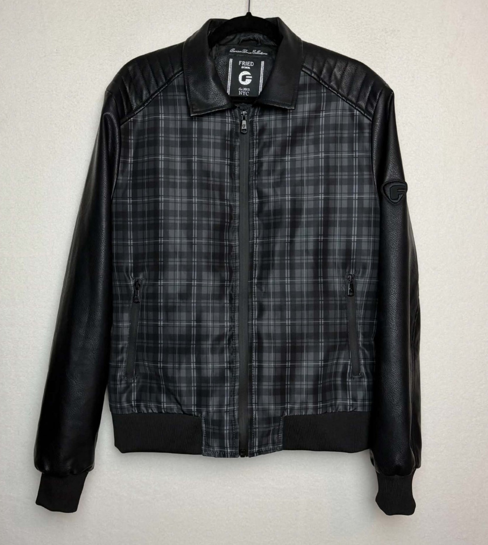 Fried Denim Bomber Jacket Charcoal Black Plaid Black Faux Leather Sleeves Size M